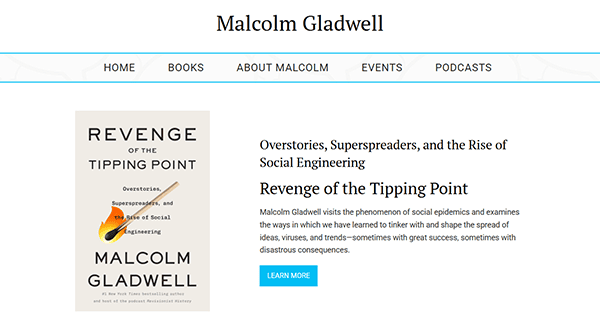 Screenshot of a webpage featuring Malcolm Gladwell's book "Revenge of the Tipping Point," showcased as part of a Best Author Websites list. It includes a brief description and a "Learn More" button for further exploration.