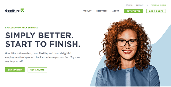 Website screenshot shows a woman with curly red hair smiling. The text highlights GoodHire as an easy and flexible choice among background check websites. Options to "Get Started" or "Get a Quote" are available.