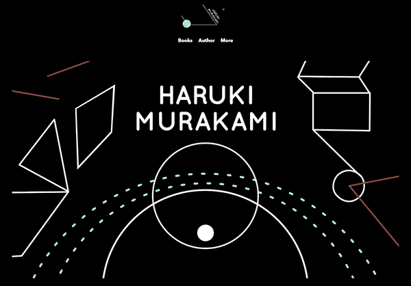 Abstract geometric shapes and lines on a black background, with "Haruki Murakami" in white text at the center, reminiscent of the sleek design found on some of the best author websites.