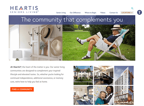 Welcome to the Heartis Senior Living homepage, a top destination for Assisted Living websites. Here, you'll find images of serene outdoor settings alongside promotional text that speaks to our commitment to care and community. Explore and discover the Heartis difference today.