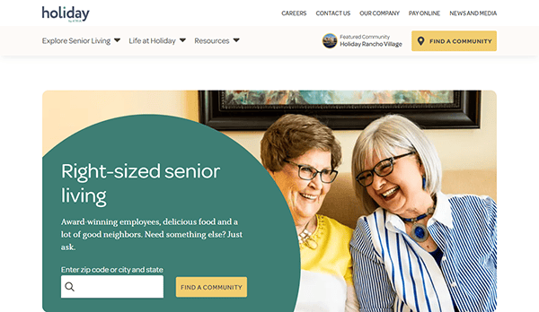 Two elderly women smiling and seated indoors, embodying the warmth of community. Below them, a search bar offers easy access to the best assisted living websites, guiding you toward exceptional senior living services.