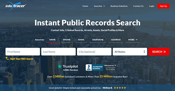 The InfoTracer homepage provides a seamless search form to access public records by name, phone, or email. Recognized as one of the best background check websites, it boasts a stellar Trustpilot rating and BBB accreditation, highlighting over 25 million searches conducted.