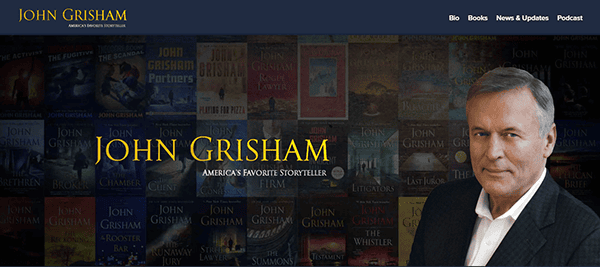 Explore our website homepage featuring John Grisham, celebrated as "America's Favorite Storyteller." Discover a stunning collage of his book covers, exemplifying one of the best author websites dedicated to his literary genius.