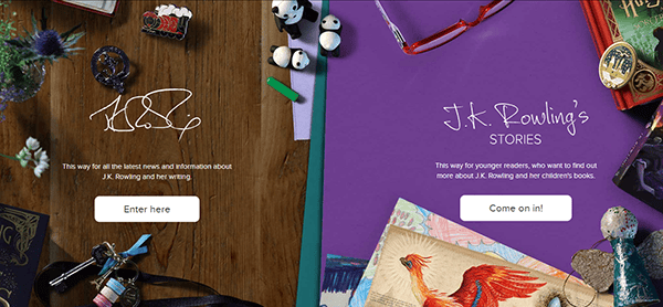 A split webpage with two sections: left for the latest news on J.K. Rowling, embodying classic author websites, and right for children's stories. The left features a signature, while the right showcases glasses and a phoenix illustration.