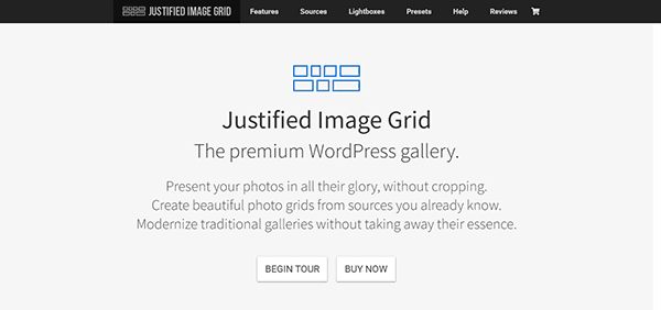 Screenshot of the Justified Image Grid WordPress plugin homepage showcasing a logo, a brief description of why it's among the best gallery plugins, and two buttons labeled "Begin Tour" and "Buy Now.