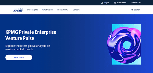 The KPMG webpage, titled "Private Enterprise Venture Pulse," features a blue abstract swirl graphic. It invites visitors to explore global venture capital trends. Discover why it's ranked among the best accountant websites with a "Read more" button for further insights.