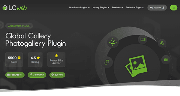 Discover LCWeb's Global Gallery Photogallery Plugin for WordPress, boasting over 5500 sales and a stellar 4.5 rating. As a Power Elite Author, this plugin offers impressive features with easy purchase options and detailed lists to elevate your gallery presentation.