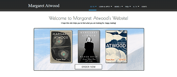 Homepage of Margaret Atwood's site, one of the best author websites, showcasing three captivating book covers with an "Order Now" button beneath them.