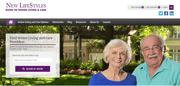 Homepage of New LifeStyles website, a top choice among the best assisted living websites, featuring a search bar for senior living options. An older couple smiles warmly in front of a blooming garden.