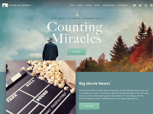 Website screenshot showcasing "Counting Miracles" book promotion with a person facing mountains. Below, an exciting film-related announcement, complete with popcorn and a clapperboard. Discover it all on one of the best author websites today!.