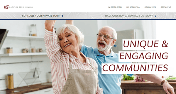 An older couple gracefully dances in their kitchen, under a website banner reading "Unique & Engaging Communities" at Pacifica Senior Living. Discover the best websites for Assisted Living and embrace a vibrant lifestyle today.