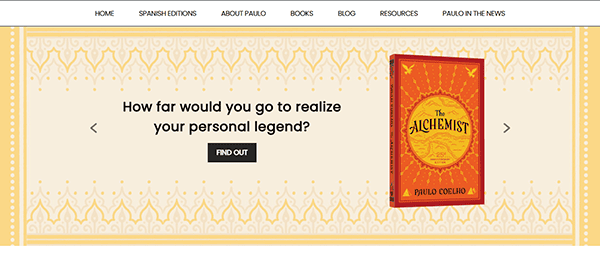 Website banner spotlighting "The Alchemist" by Paulo Coelho. Text asks, "How far would you go to realize your personal legend?" with a "Find Out" button. Explore more on top author sites.