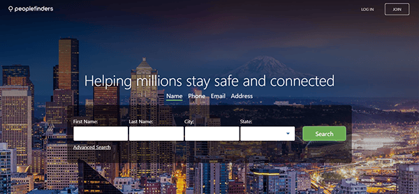 A website homepage with a search bar for finding people by name, phone, email, or address. Ideal for background checks, the site features a city skyline at dusk in the background. Logo and navigation options are at the top, making it one of the best background check websites available.