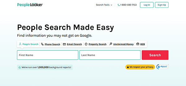 Screenshot of the PeopleLooker homepage showcasing search options for people, phone, email, and property. A banner proudly displays that over 1,000,000 background reports have been run on one of the best background check websites available.