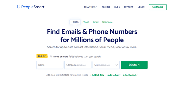 The PeopleSmart homepage offers search fields for names, companies, and other details, making it one of the best background check sites to find contact information effortlessly.