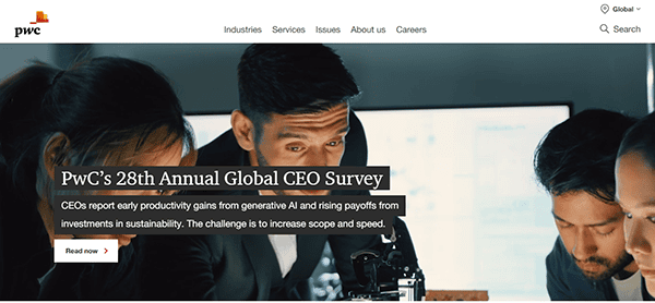 A group of people collaborates over documents and computers, with text highlighting PwC's 28th Annual Global CEO Survey on AI gains and sustainability. Discover insights that can elevate Accountant Websites to new heights of SEO effectiveness and user engagement.