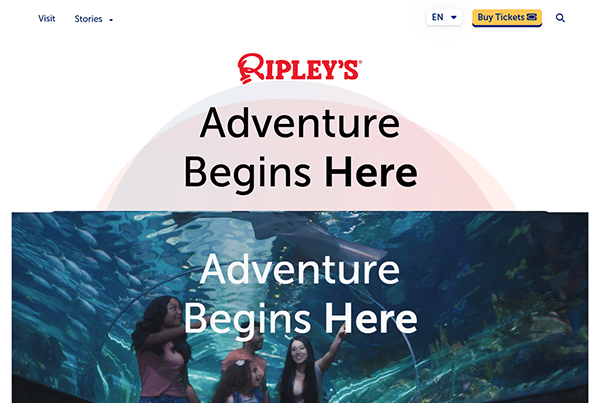 The homepage, featuring Ripley's logo and the slogan "Adventure Begins Here," invites you to explore one of the best aquarium experiences. Watch as people marvel at sea life while strolling through an enchanting underwater tunnel, perfect for all aquarium enthusiasts.