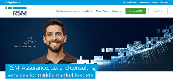 Screenshot of the RSM homepage, showcasing a smiling man with text highlighting their best assurance, tax, and consulting services for middle market leaders. This well-crafted website embodies excellence in accounting solutions.