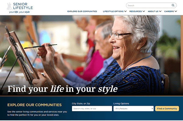 Elderly woman painting on canvas with others in a group setting at an assisted living community. Text overlay: "Find your life in your style.