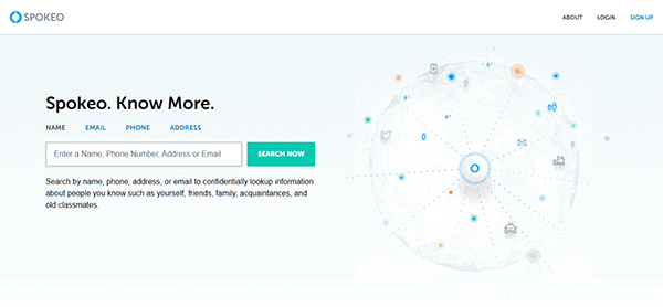 Screenshot of Spokeo's homepage, a popular background check website, featuring search options for name, email, phone, and address. A globe graphic adorns the right side.