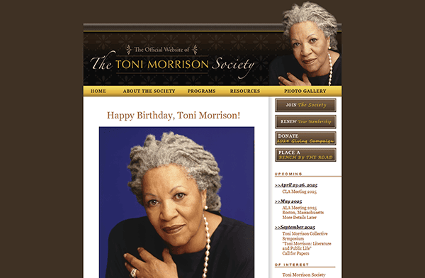 Screenshot of the Toni Morrison Society website homepage, celebrated as one of the 20 Best Author Websites, featuring a large image of Toni Morrison and a "Happy Birthday, Toni Morrison!" message.