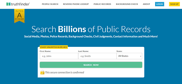 The TruthFinder homepage highlights a top-notch search tool for public records like names, states, and various record types. Recognized as one of the Best Background Check Websites, it proudly displays a yellow "Rated A" badge by the BBB against a blue backdrop.