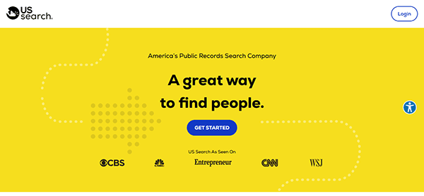 The homepage, set against a cheerful yellow background, invites you with "A great way to find people." Recognized by CBS, CNN, Entrepreneur, and WSJ for excellence in best background check services. Hit the "Get Started" button to explore top background check websites.