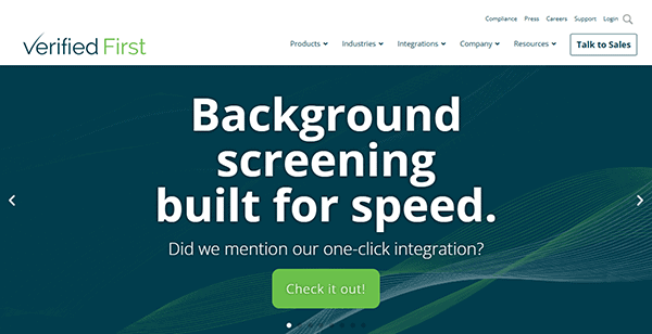 Verified First's homepage showcases "Background screening built for speed" with a button inviting you to "Check it out!" As one of the best background check websites, they offer top-tier background check services tailored for efficiency and accuracy.