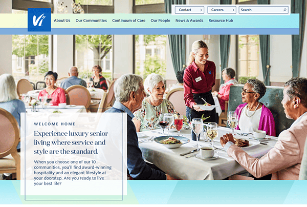 A group of seniors sits at a dining table while a waitress serves them. A banner promotes luxury senior living, highlighting service and style, capturing the essence often showcased on the best assisted living websites.