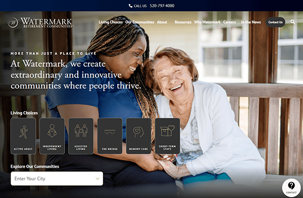 A young woman and an elderly woman sit together smiling. The text on the screen promotes Watermark Retirement Communities, highlighting their top-rated assisted living options and featuring some of the best websites for exploring various living arrangements.