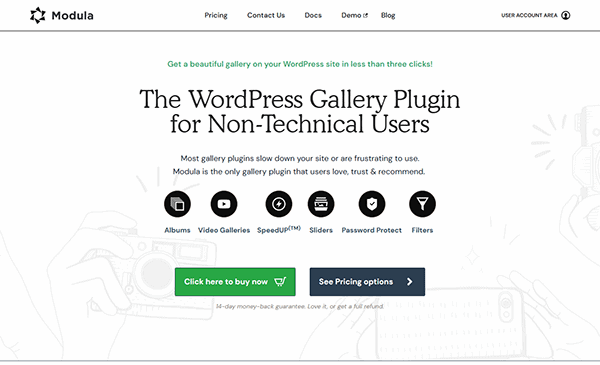 Screenshot of Modula's website showcasing its WordPress Gallery Plugin, perfect for non-technical users. The page highlights features like albums, filters, and pricing options, making it an accessible choice for everyone.