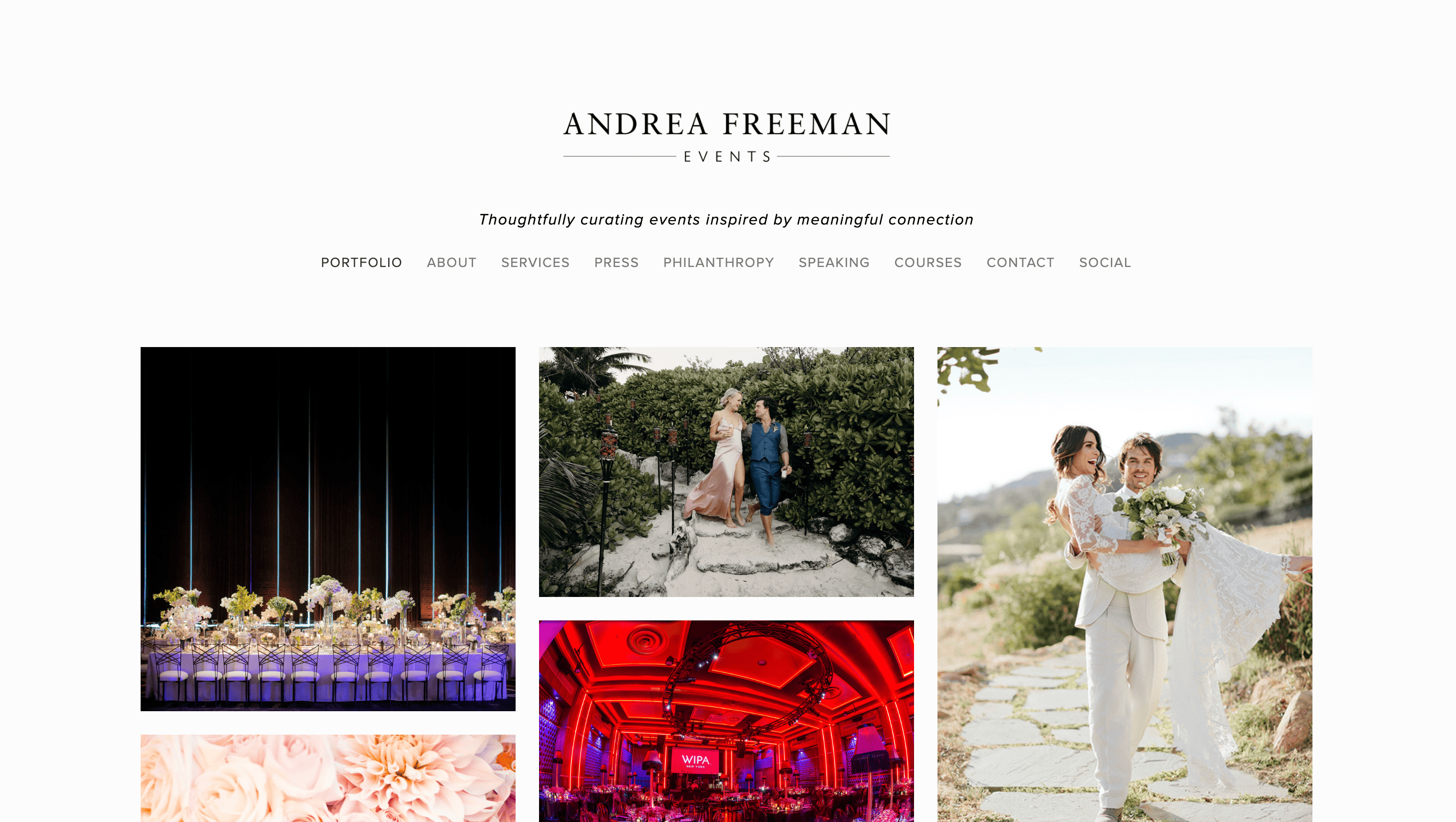 The Andrea Freeman Events site beautifully showcases event photos, featuring stunning floral arrangements, a couple's tender kiss, a dreamy wedding scene, and an elegant venue—all curated by top-tier event planners.