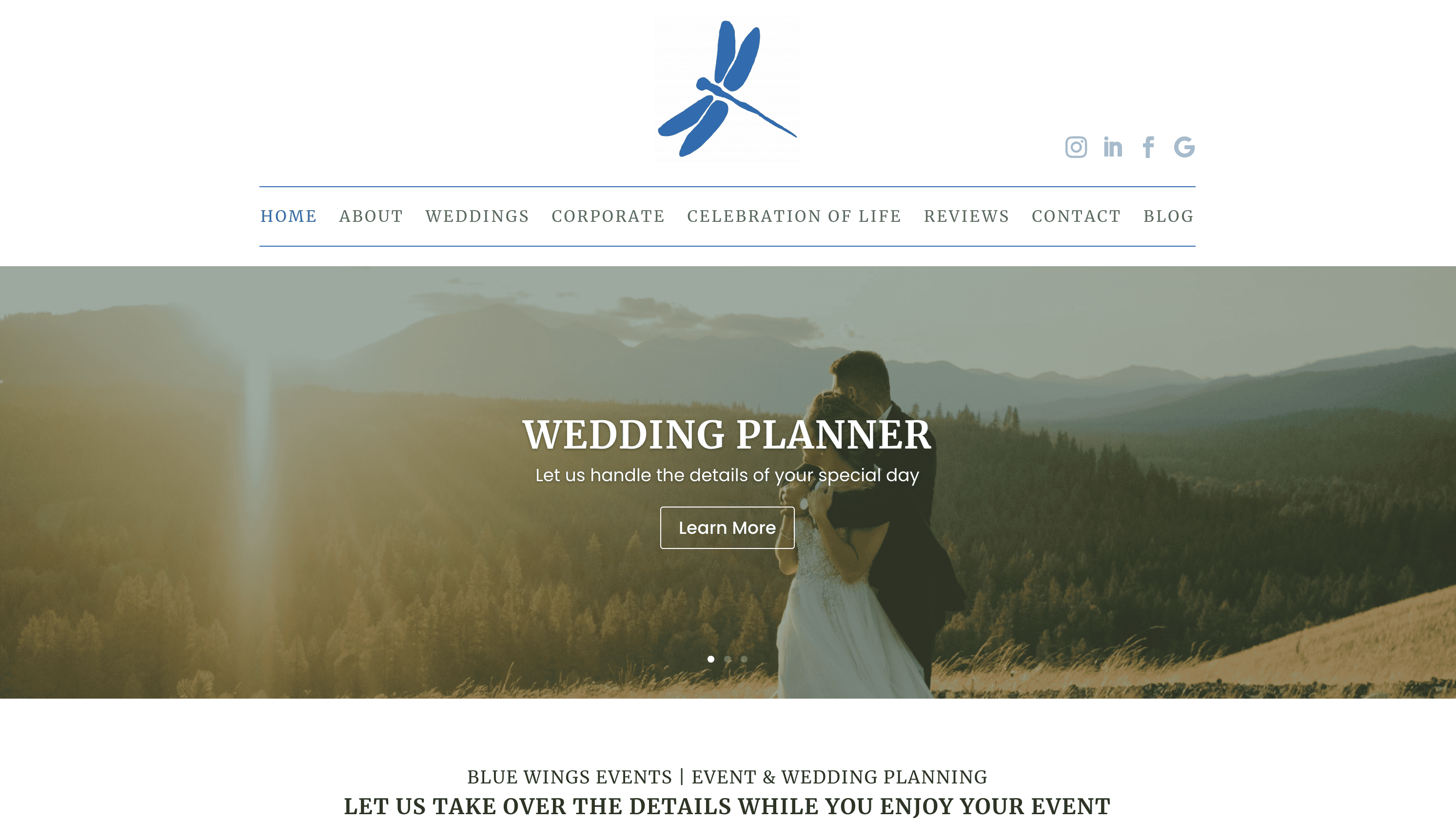 Event Planners website homepage showcasing a couple embracing in a scenic outdoor setting with mountains and a stunning sunset in the background.