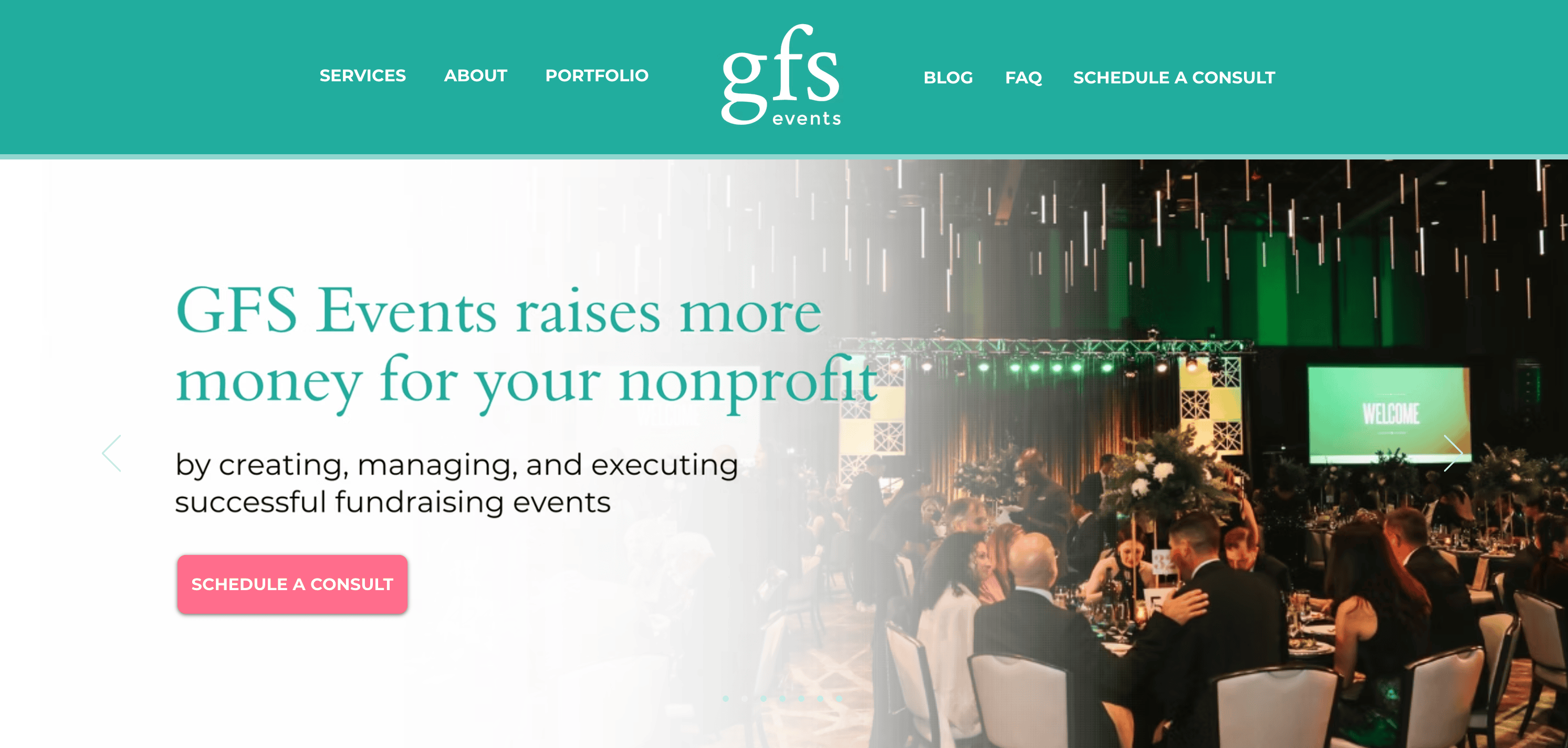 GFS Events' homepage showcases an elegant event scene with dining tables and guests, highlighting our expertise in nonprofit fundraising. Discover why we're among the best event planners dedicated to crafting unforgettable experiences.