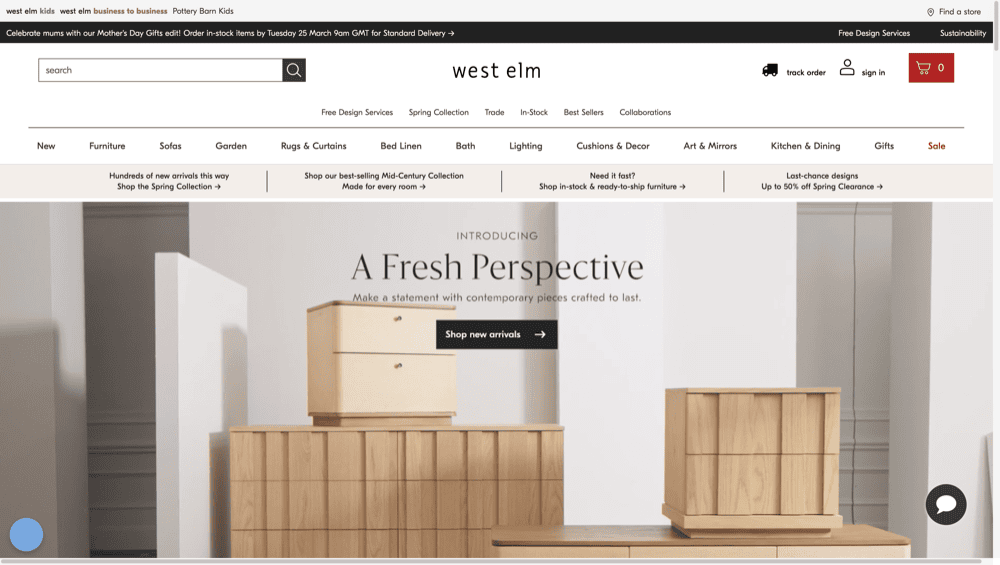 The West Elm webpage elegantly presents its wooden furniture collection under the banner "A Fresh Perspective." As one of the best home decor websites, it offers top navigation and search fields for an effortless browsing experience, hinting at trends that will define 2025.