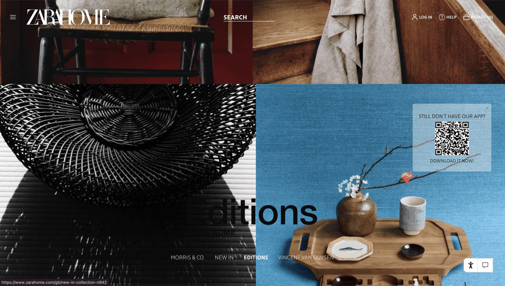 Zara Home's webpage showcases elegant home decor featuring a wicker chair, a sleek black basket, and a wooden tray with tea items atop a blue surface. Experience this modern 2025 aesthetic and download the app via the QR code for more chic home decor ideas.